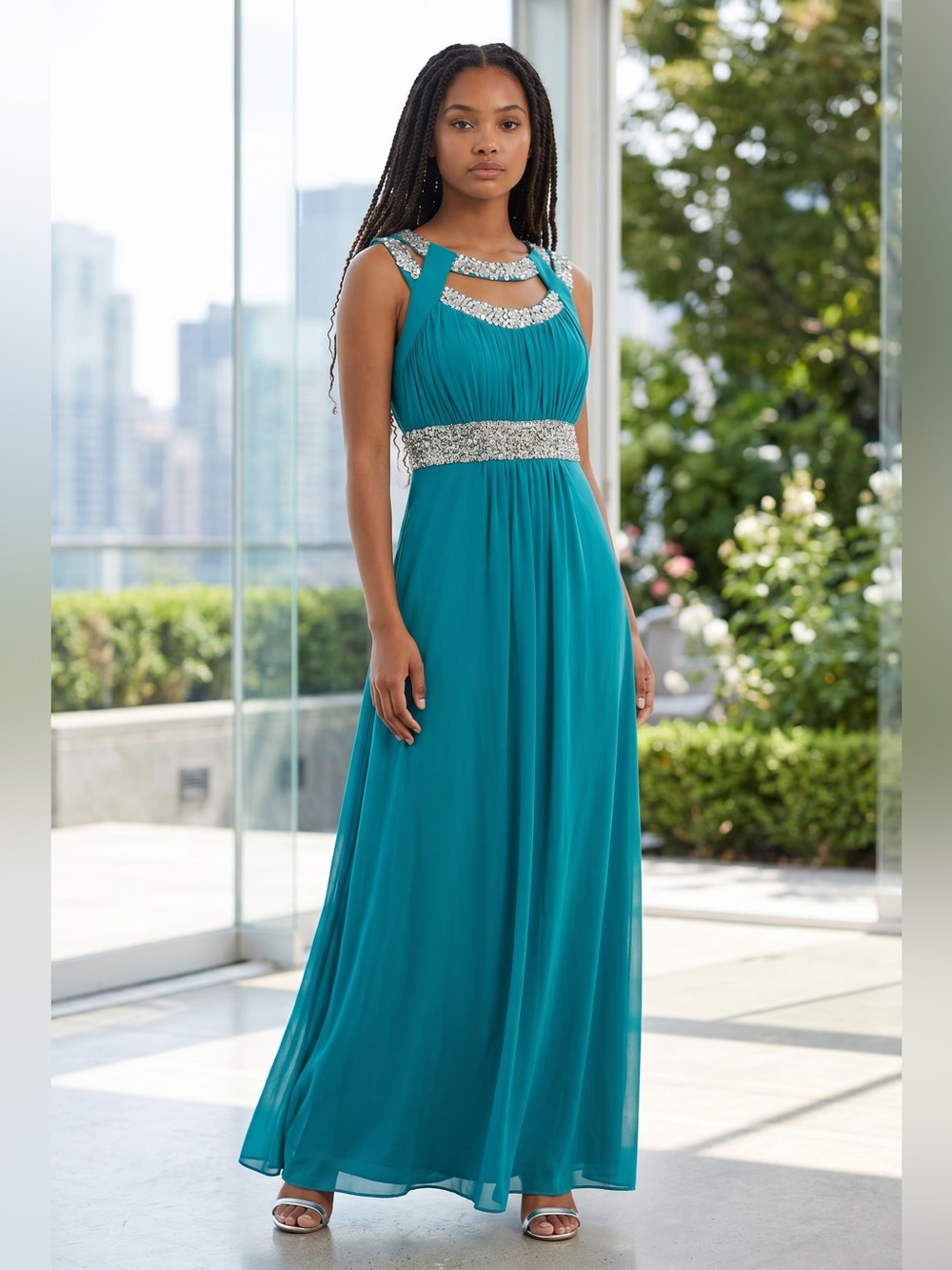 Coco Teal Embellished Waist Evening Gown - Picture 2 of 11